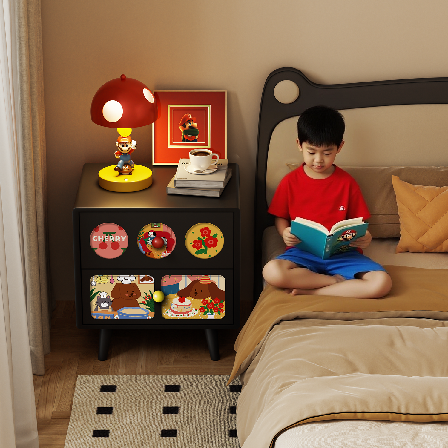 卡通床头柜卧室儿童床头置物架创意高级感黑色抽屉柜储物收纳柜子