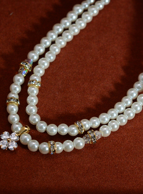 精致闪亮秋冬双层珍珠四叶草项链女短款颈链配饰K202