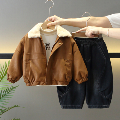 男童冬装套装儿童皮衣三件套新款