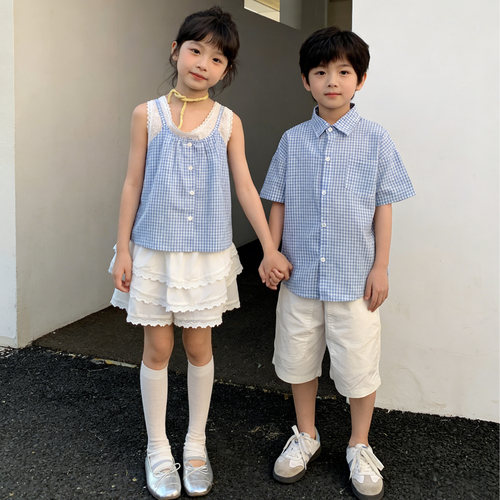 夏季儿童衬衫吊带蛋糕裙两件套