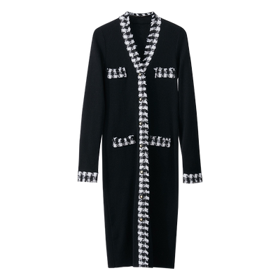 Amii2025夏新款撞色格纹拼接V领香风毛织开衫女修身显瘦长款上衣