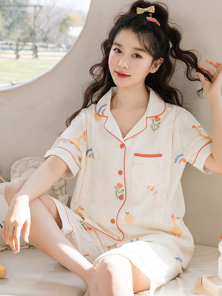 홈타임 산후복 여름 얇은 산후 순면 거즈 반팔 출산 수유복 잠옷 출산 가정복