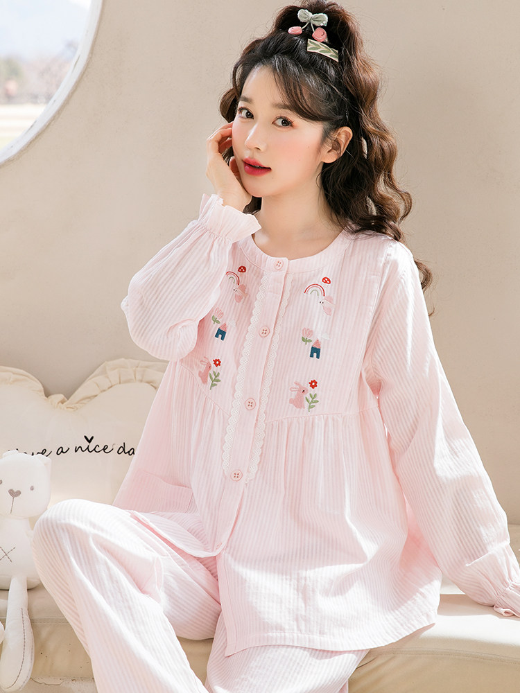 홈 타임 여름 산후 옷 얇은 산후 순면 거즈 땀 흡수성 출산 간호 옷 잠옷 간호 가정 옷