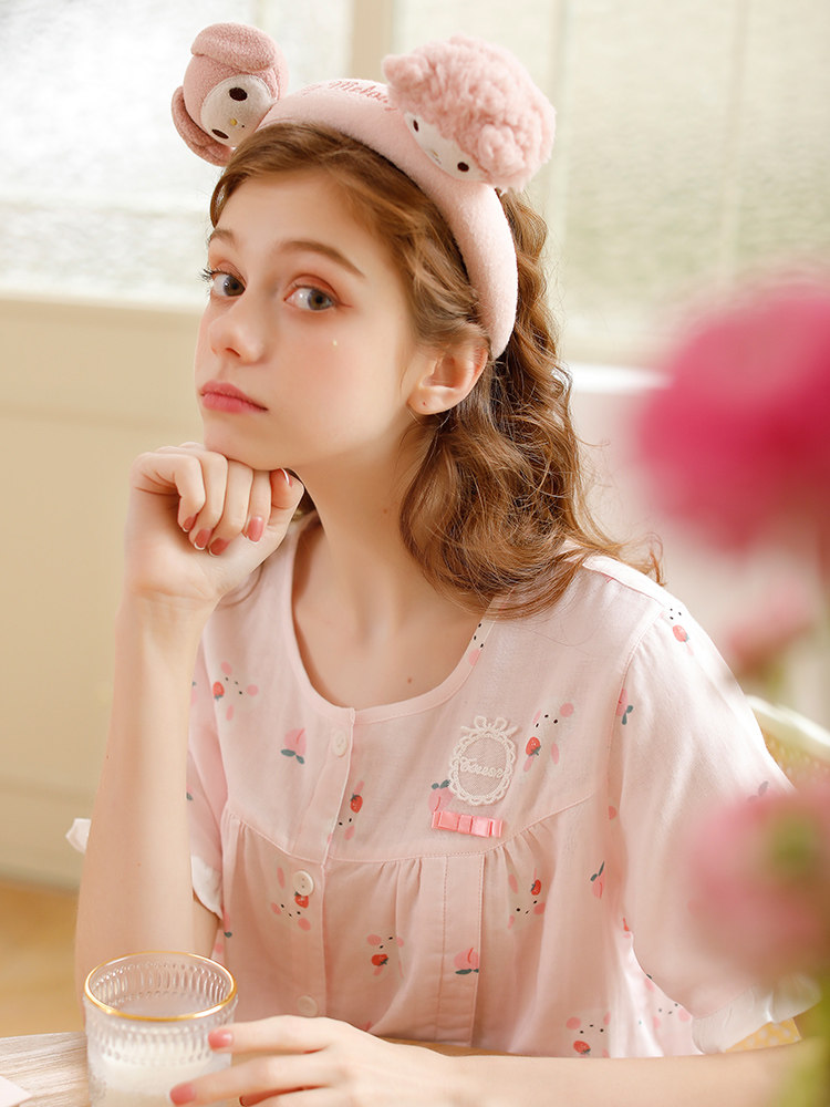 홈타임 산후복 여름 얇은 산후 투피스 반팔 순면 거즈 출산 간호 잠옷 가정복