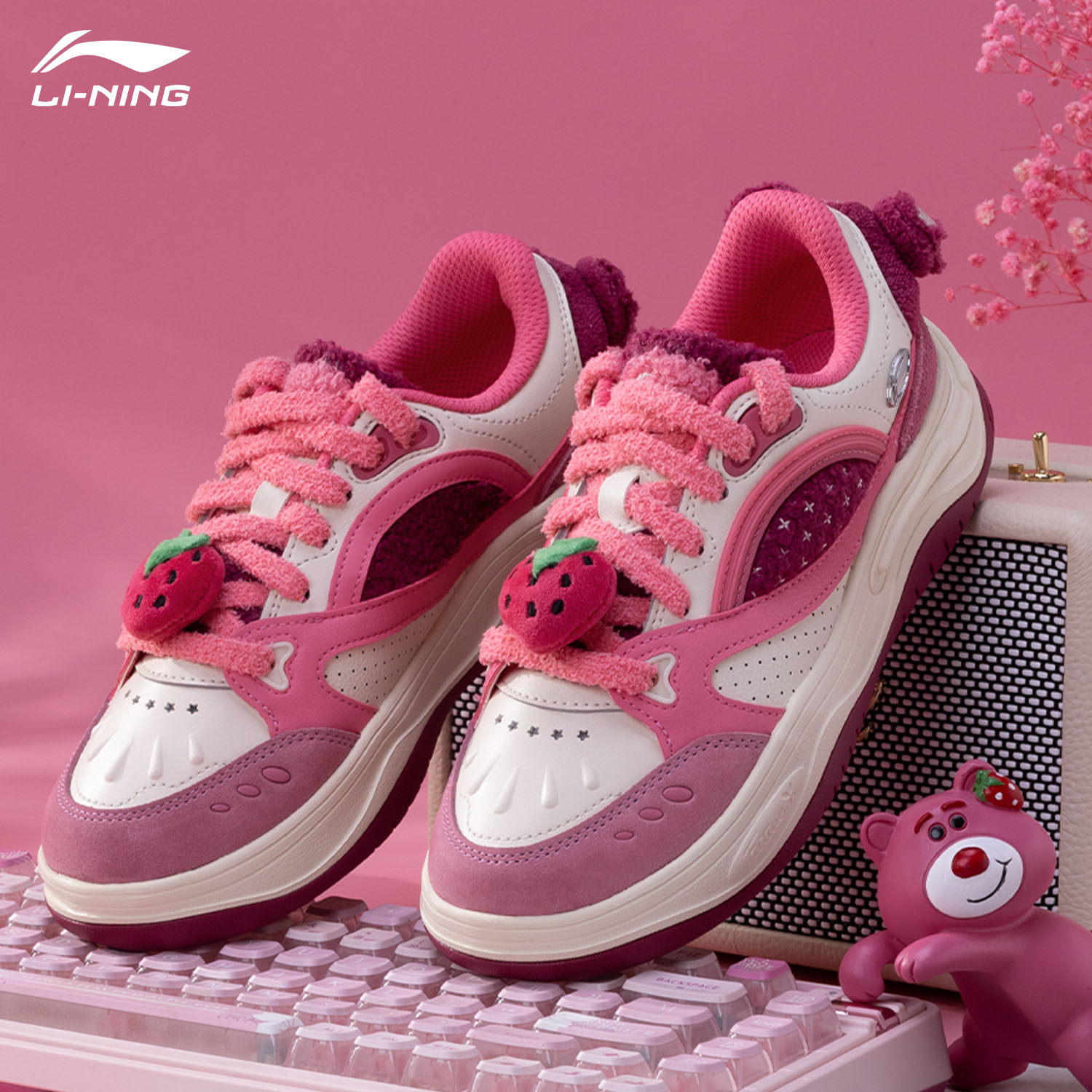 李宁草莓熊联名系列女鞋2026秋冬新款时尚百搭软底舒适休闲老爹鞋,运动鞋new,运动休闲鞋,淘宝优惠券,粉丝福利购,淘宝优惠卷
