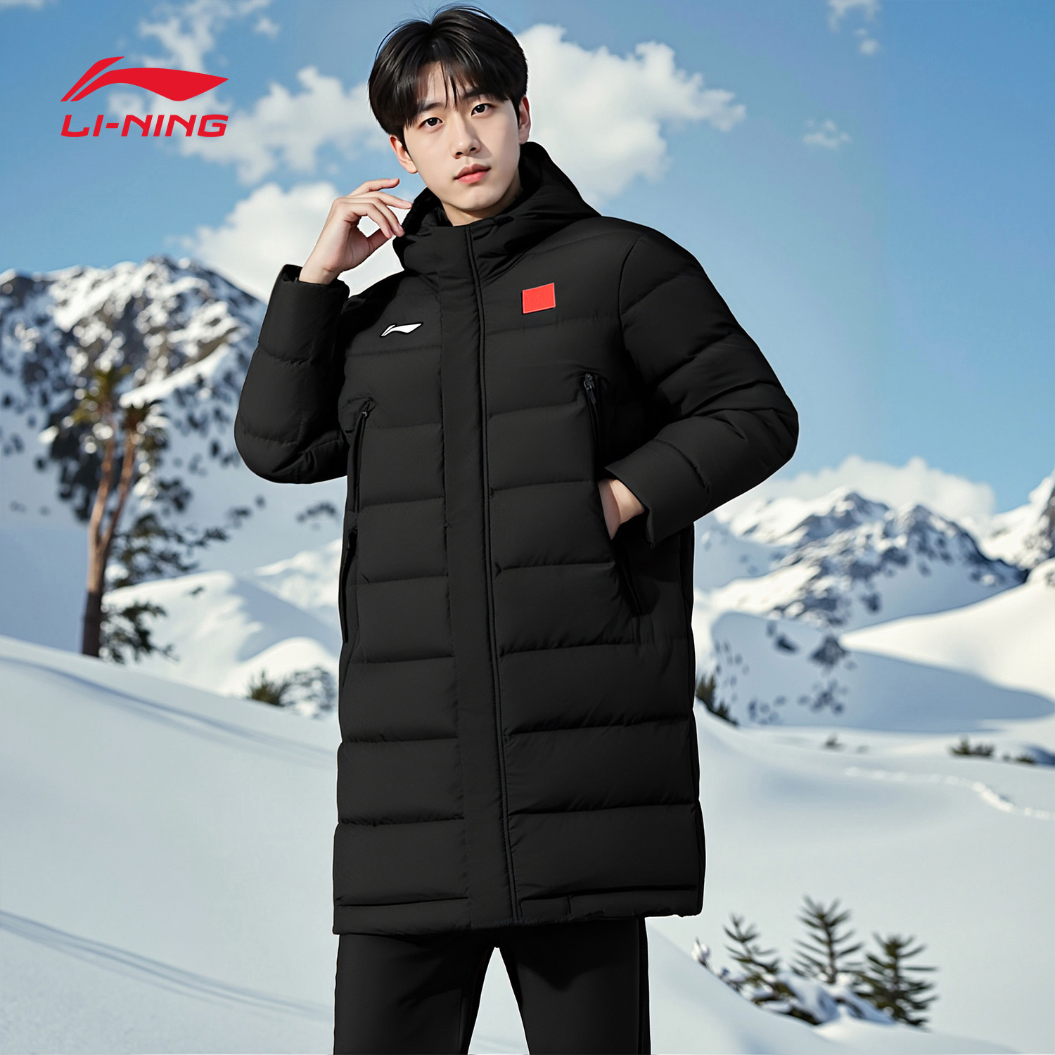 李宁长款羽绒服保暖运动连帽外套