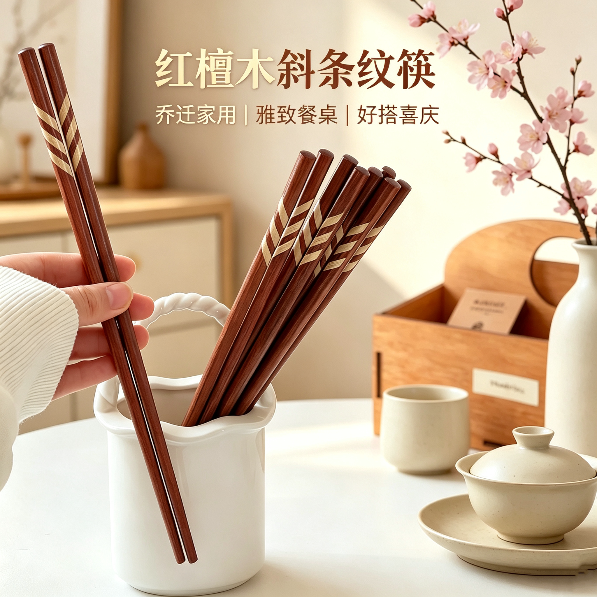 红檀木斜纹防滑筷子礼盒