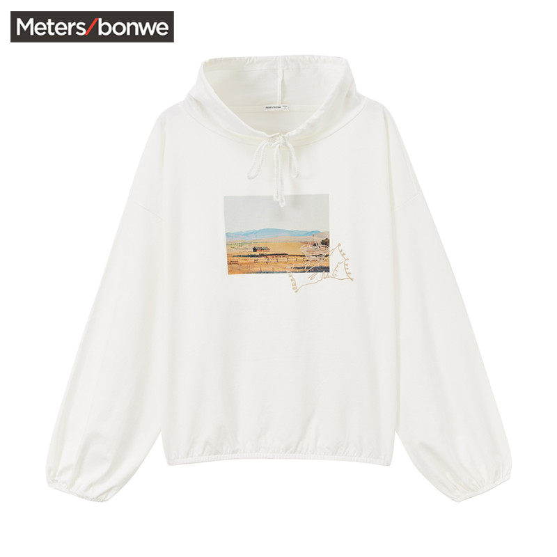 美特斯邦威气质花苞领卫衣女2020秋季简约时尚印花宽松套头上衣女