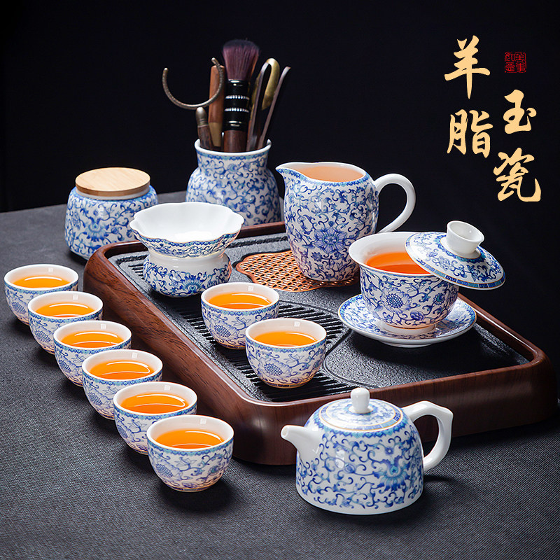 2026新款羊脂玉青花功夫茶具套组家用轻奢高档一套泡茶壶盖碗茶杯