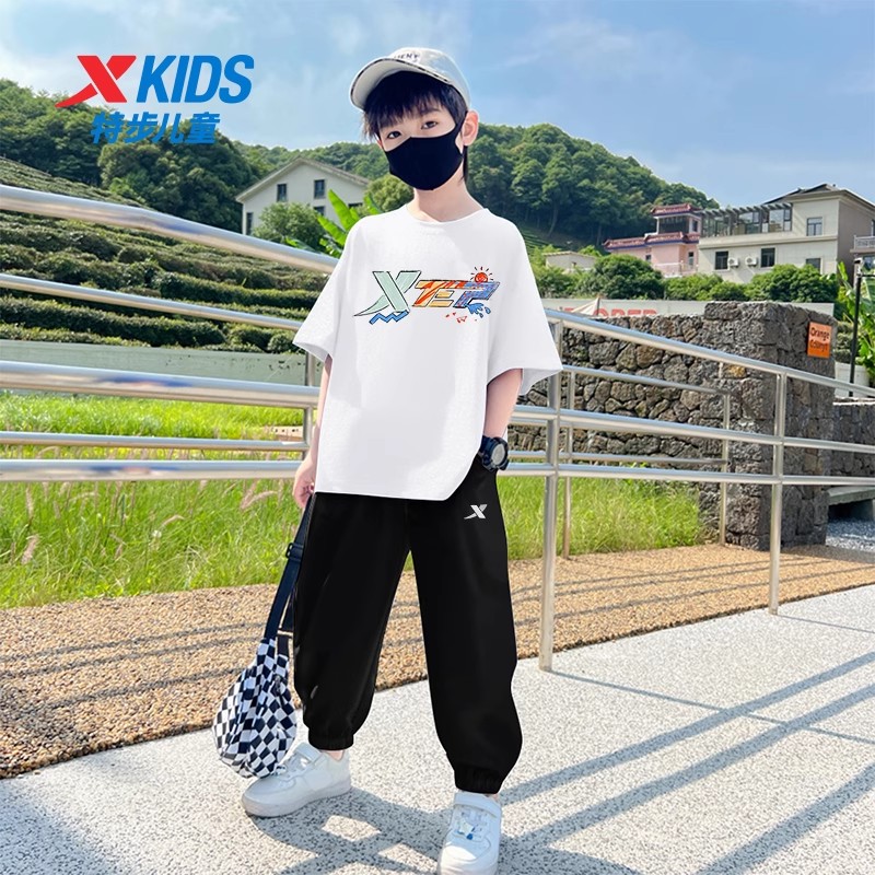 特步童装男童夏季短袖长裤套装2025新款儿童运动t恤大童薄款裤子
