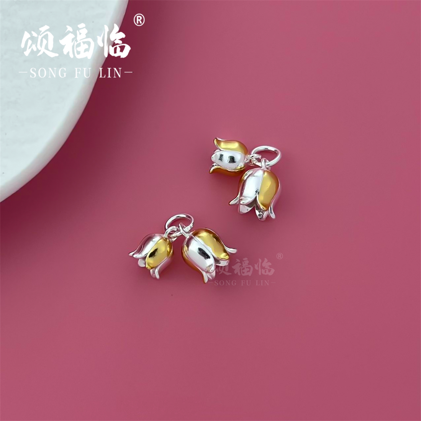 S925纯银描金双铃兰花吊坠坠