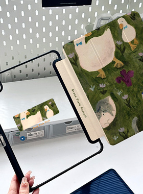ipadmini7保护壳旋转复古小动物ipadair6亚克力带笔槽2024pro11可爱油画小猫防摔平板10代9好看10.2全包皮套