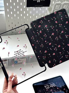 ipad亚克力保护壳黑色玫瑰ipadair5保护套三折透明10.2适用苹果9代十可爱720旋转平板matepad11小米荣耀pro11