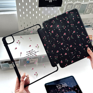 ipad亚克力保护壳黑色玫瑰ipadair5保护套三折透明10.2适用苹果9代十可爱720旋转平板matepad11小米荣耀pro11