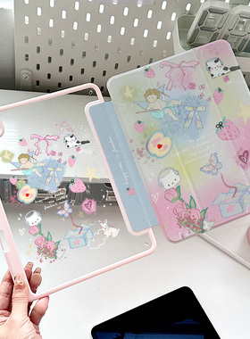 ipadair5保护壳亚克力防摔粉色天使pro11第十代九10.9可爱卡通mini6猫咪渐变色9.7寸高颜值air6可旋转4透明套