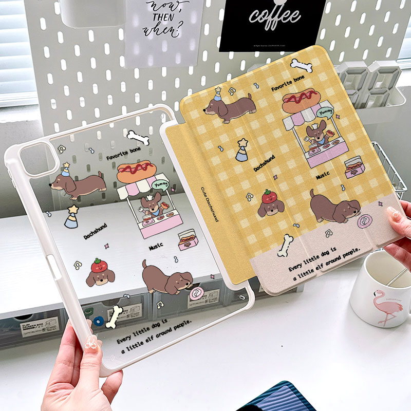 ipad平板保护壳亚克力笔槽ipad11旋转款横竖屏2025air7防弯11代24卡通腊肠狗黄色matepad11.5适用小米7可爱套