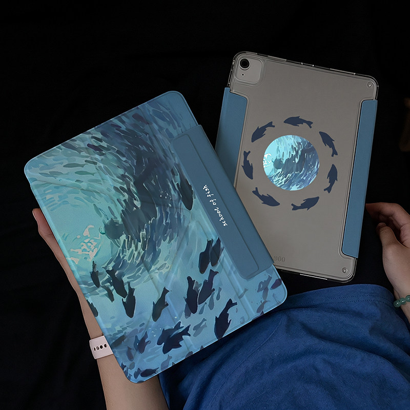 防摔亚克力ipad11代保护套透明9硬壳6轻薄10防弯Air8/7平板壳pro12.9寸蓝色鱼群适用小米8pro带笔槽磁吸搭扣3图片