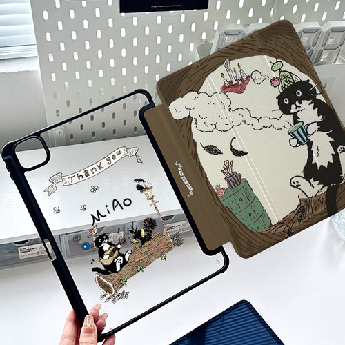 猫咪适用苹果ipad2025新款pro11/12.9寸保护套air7三折亚克力mini6带笔槽平板ipad9防摔抽象适用小米7保护壳4