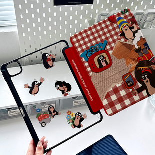 格子鼹鼠iPadpro11寸保护套卡通2024新air6适用苹果三折air7平板2025版11代第九代9带笔槽8透明亚克力mini7壳