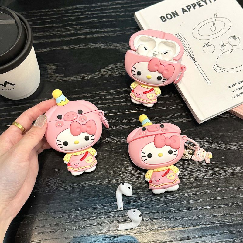 创意凯蒂猫变装小猪适用苹果AirPods4代硅胶耳机套可爱AirPods1/2/3代保护壳蓝牙AirPods Pro2耳机壳一二代软