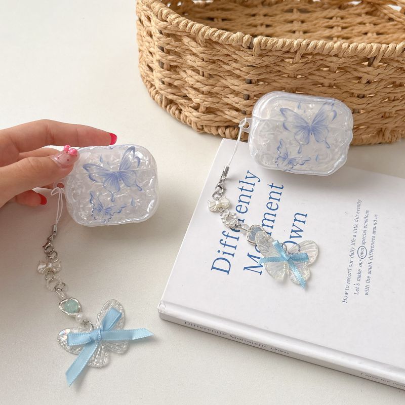 贝壳纹蓝蝴蝶适用airpodspro1/2代苹果四代降噪版蓝牙无线AirPods3代耳机壳透色保护套4代二三代充电仓一代女