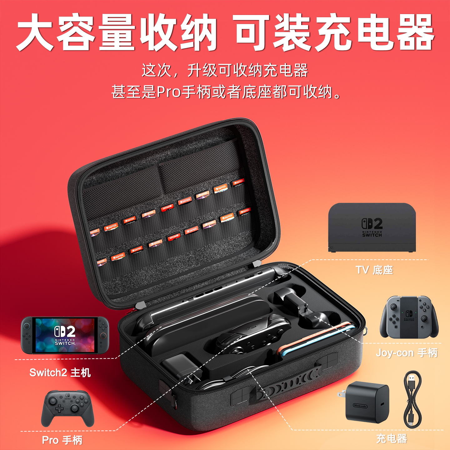 适用任天堂switch2代收纳包switcholed保护套大容量全套ns2游戏机卡带盒pro手柄壳oled二代游戏机配件包袋