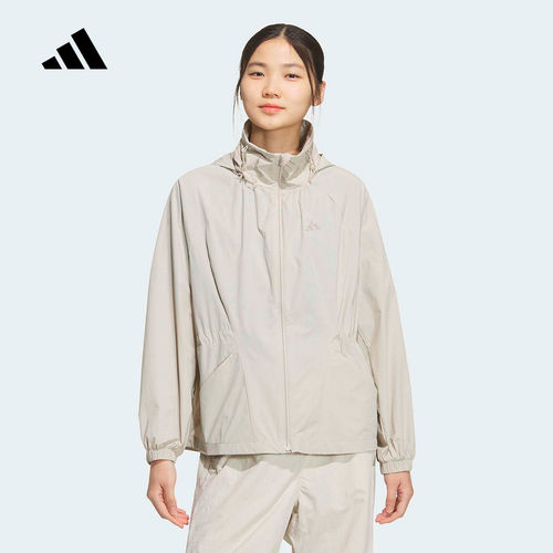 adidas阿迪达斯防风连帽外套2026夏女户外健身梭织夹克 KH2659
