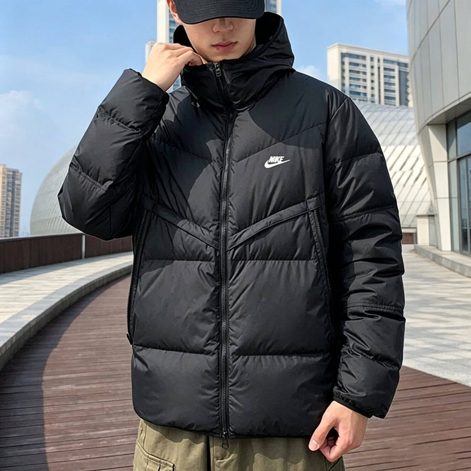 Nike耐克新款运动羽绒服男短款连帽加厚保暖防风外套黑色潮流时尚
