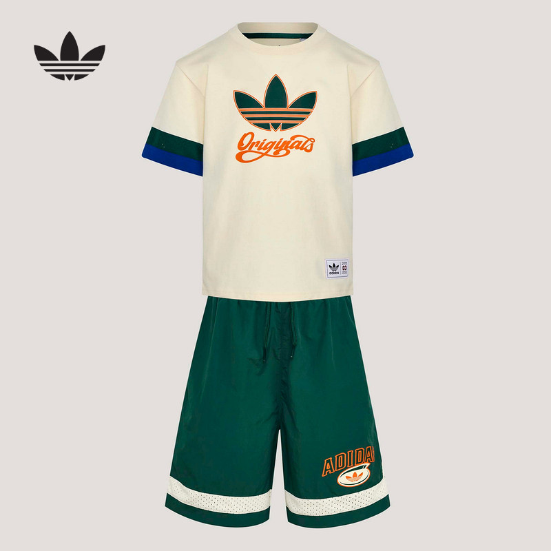 adidas阿迪达斯三叶草男小童两件套2026夏日短袖短裤套装 KG3341