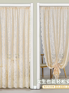 蕾丝门帘防蚊隐私通风免打孔法式四季通用卧室阳台窗帘纱帘隔断帘