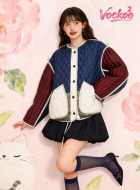 商场同款26春Vockoo百搭魔法花园提花撞色拼接棉服外套女119181H