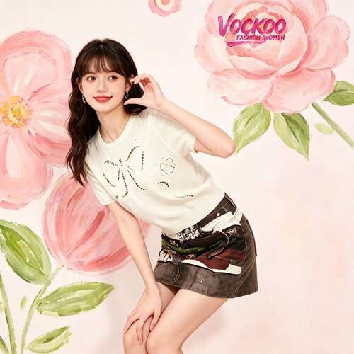 VOCKOO同款2026秋原纱时尚优雅百搭蝴蝶结飞鸟刺绣针织套头短袖女