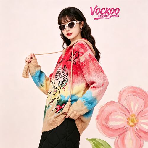 VOCKOO同款2026秋原纱慵懒风洋气卡通动漫涂鸦美少女连帽套头毛衫