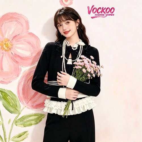 VOCKOO同款2026秋原纱时尚撞色拼接蝴蝶结织带饰边针织开衫女上衣