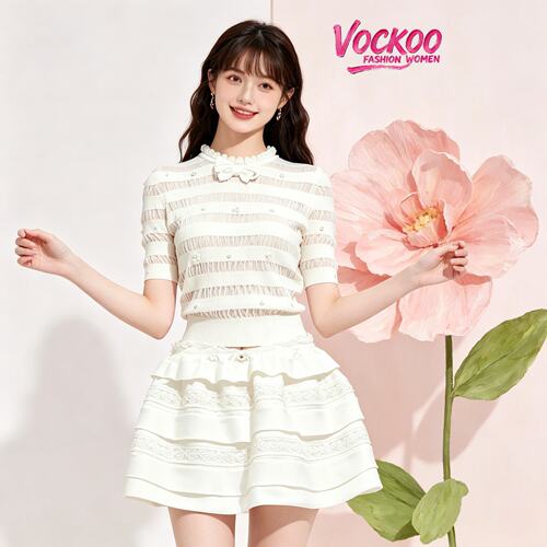 VOCKOO同款2026秋时尚百搭纯色质感钉珠针织短袖T恤上衣女针织衫