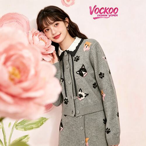 VOCKOO同款2026秋原纱俏皮可爱冬立体小熊红色包边毛织开衫上衣女