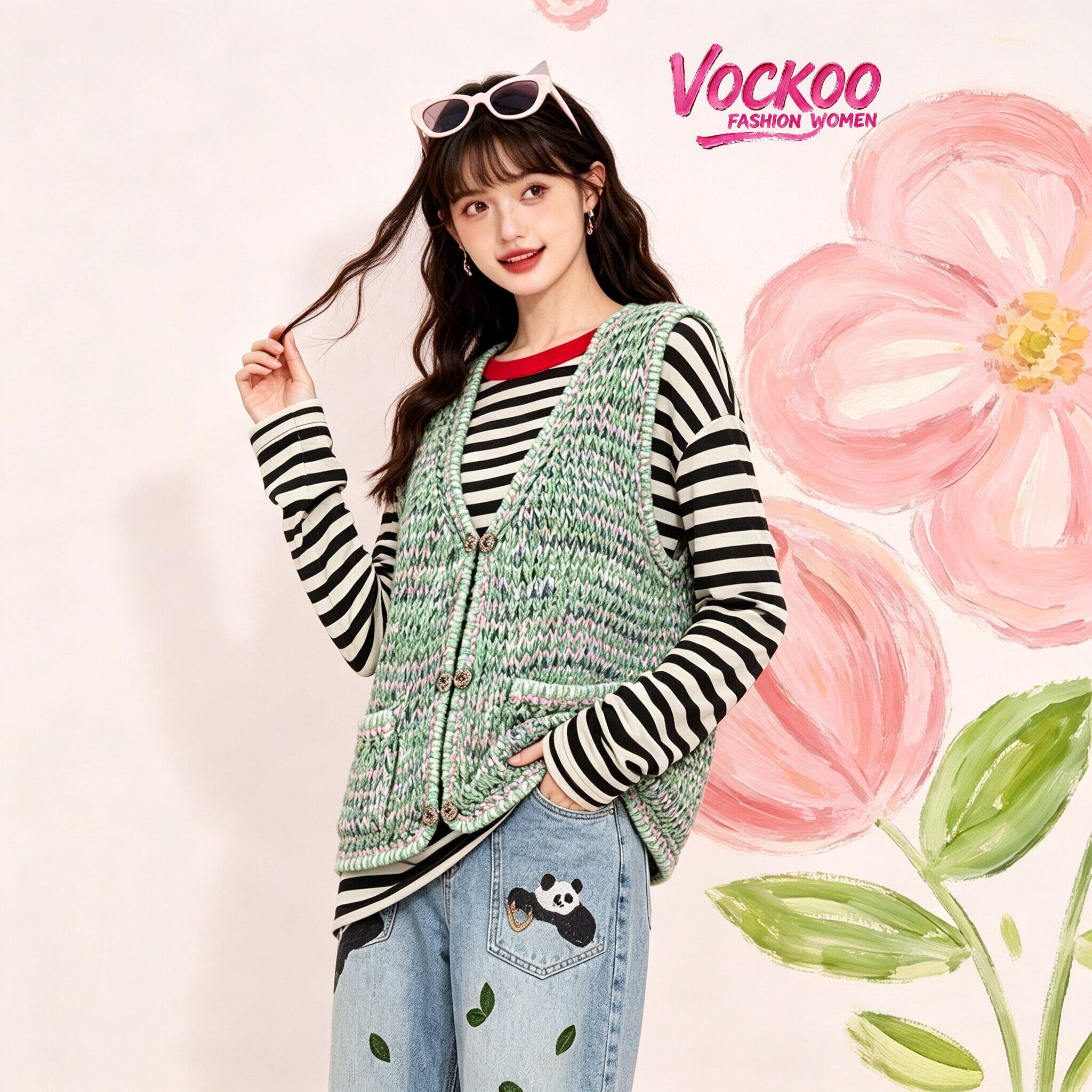 VOCKOO同款2026秋法式小香风重工花朵扣彩纱修身短款针织背心开衫