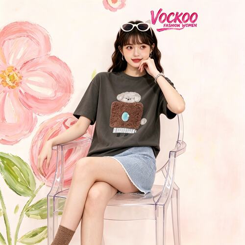 商场同款26夏Vockoo宽松趣味贴布刺绣宽松休闲短袖T恤女2K1BA68K
