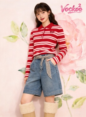 商场同款26春Vockoo时尚新年正肩Polo领条纹针织上衣女3K1EE17K