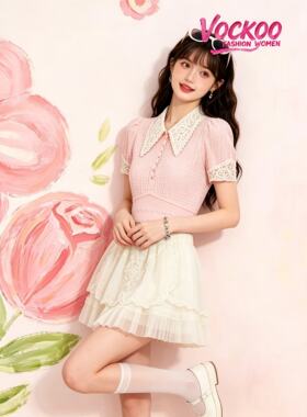 商场同款26夏Vockoo时尚宫廷风盘花领针织短袖T恤上衣女Q00ZB264Z