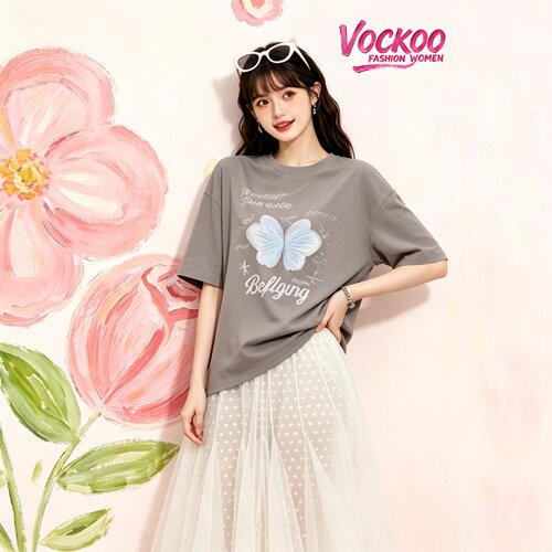 商场同款26夏Vockoo百搭时尚甜酷宽松蝴蝶棉质上衣T恤女3K1BA21X
