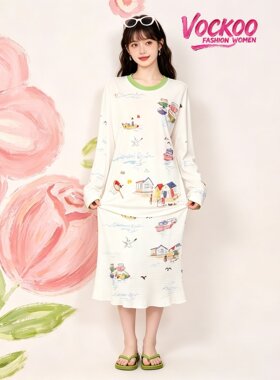 商场同款26夏Vockoo海上小船印花长袖T恤撞色圆领休闲上衣TX615T