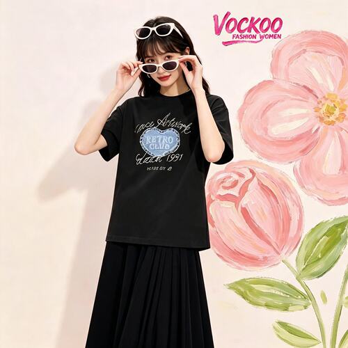 VOCKOO同款2026秋原纱纯棉时尚美式棉质蕾丝图标宽松短袖T恤上衣