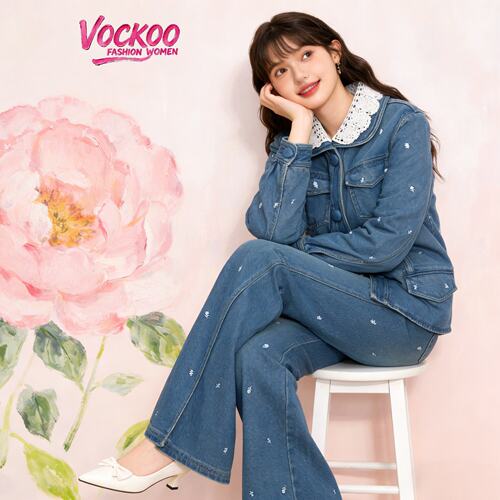 商场同款26春Vockoo时尚珠饰立体花朵刺绣工装牛仔外套C41NC095E