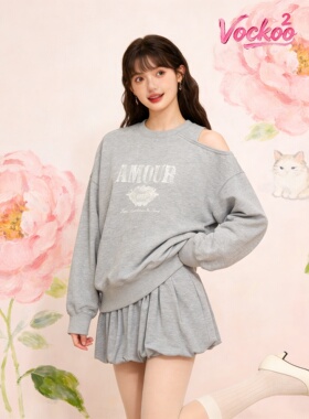 商场同款26春Vockoo美式复古印花挖肩设计休闲宽松卫衣女3K1JA05W