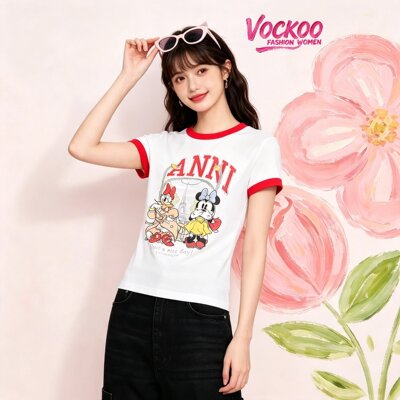 VOCKOO同款2026秋原纱纯棉卡通黛丝米妮短袖夏季修身T恤衫上衣女