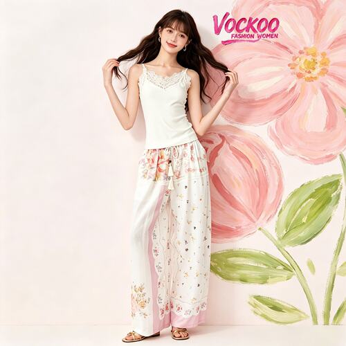 VOCKOO同款2026秋原版时尚宽松百搭休闲裤丝巾印花抽绳系带长裤女