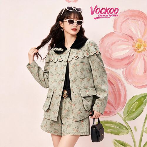 VOCKOO同款2026秋原纱气质公主时尚云肩印花撞色牛仔长外套上衣女