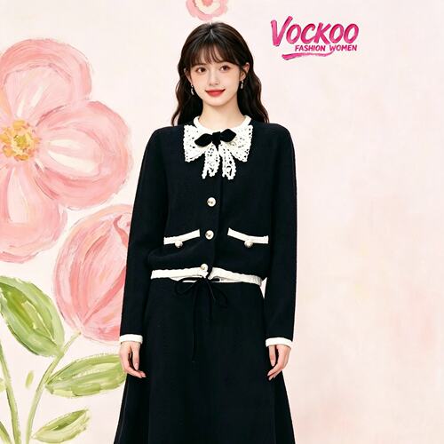 VOCKOO同款2026秋原纱千金风时尚手钩蝴蝶结撞色针织外套上衣女