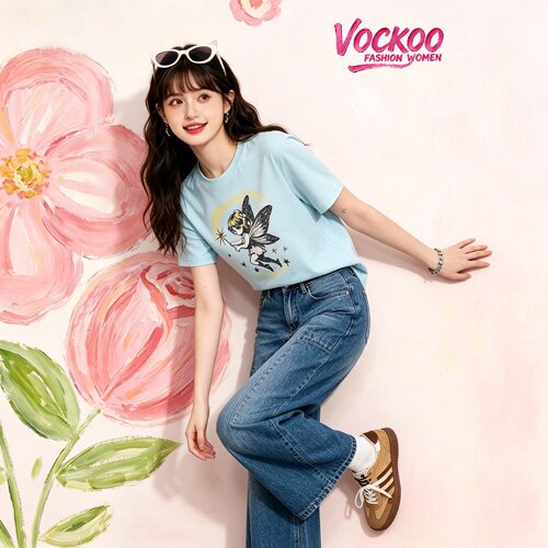 商场同款26夏Vockoo百搭时尚可爱精灵印花宽松短袖T恤上衣7407Z8
